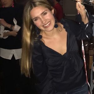 Navy intermix bow top with ruffle sleeve